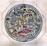 This Ch’onhado (map of all under heaven), was produced in Korea in the 17th century. The map comes out of the Buddhist tradition of China with data possibly 2000 years old, although the earliest-known surviving examples date from the sixteenth century. From that time, the style gained popularity in Korea, and by the end of the nineteenth century numerous copies existed. The structure of the map is simple. A main continent, containing China, Korea, and a number of historically known countries, occupies the center of the circular map, surrounded by an enclosing sea ring, which is itself surrounded by an outer ring of land.